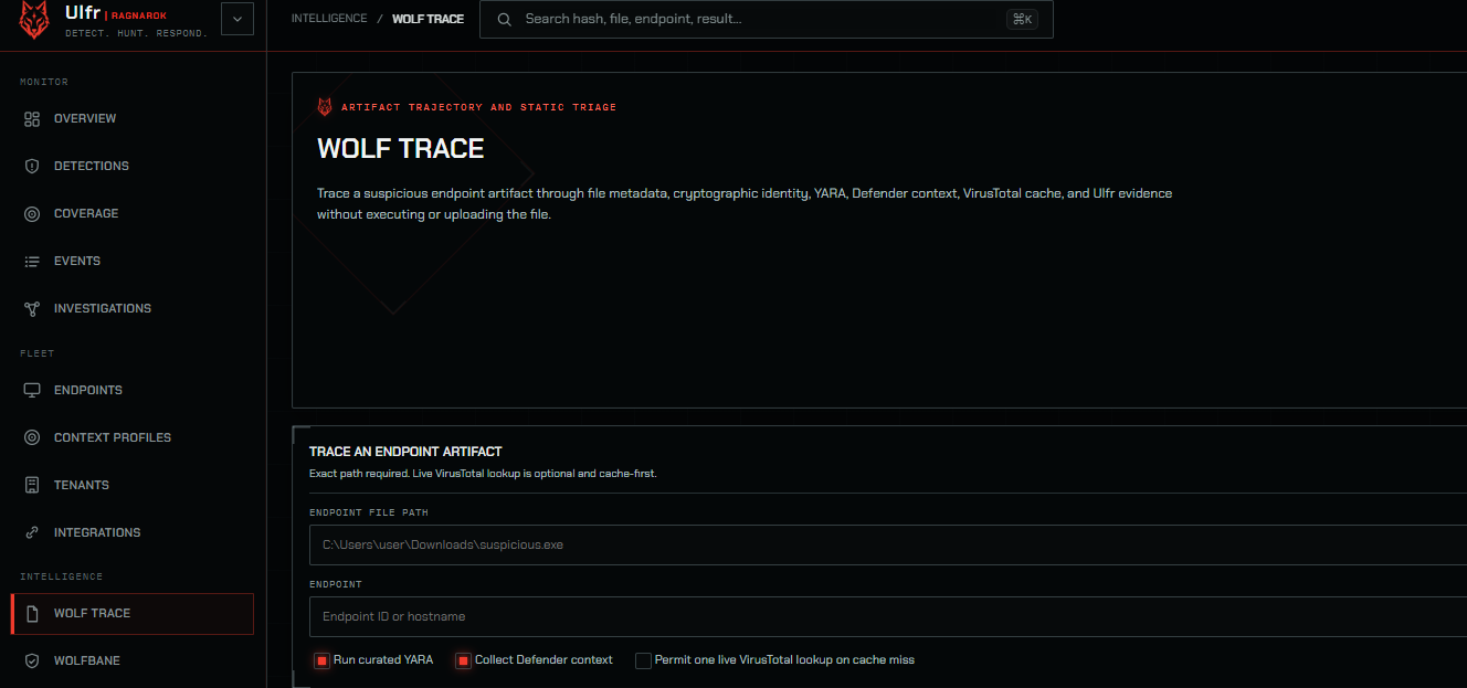Ulfr Wolf Trace investigation interface